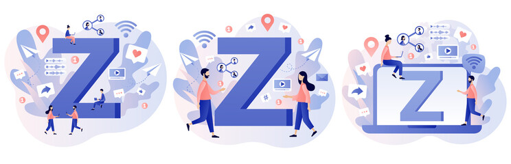 Generation Z. New and modern demography trend. Progressive young teens using technology and gadget to communicate. Lifestyle. Internet culture. Modern flat cartoon style. Vector illustration 