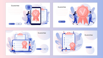 Quality guarantee. Quality check and control. Tiny people choice premium product. Evaluation, expertise. Screen template for landing page, template, ui, web, mobile app, poster, banner, flyer. Vector