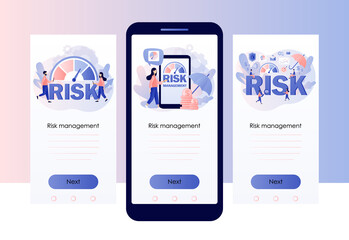 Risk management. Risk assessment. Risk levels knob. Business concept. Tiny people review, evaluate, analysis risk. Screen template for mobile, smartphone app. Modern flat cartoon style. Vector