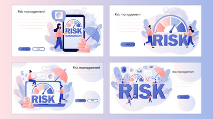 Risk management. Risk assessment. Risk levels knob. Business concept. Tiny people evaluate risk. Screen template for landing page, template, ui, web, mobile app, poster, banner, flyer. Vector 