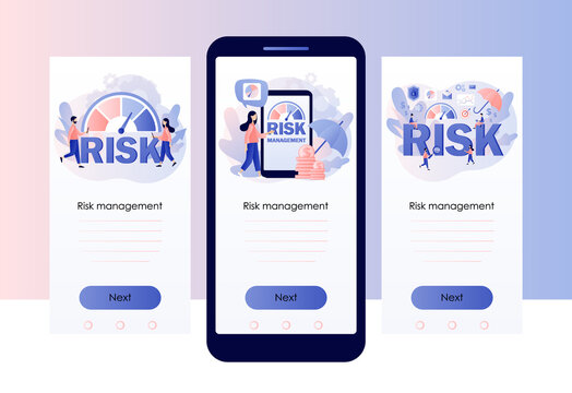Risk management. Risk assessment. Risk levels knob. Business concept. Tiny people review, evaluate, analysis risk. Screen template for mobile, smartphone app. Modern flat cartoon style. Vector