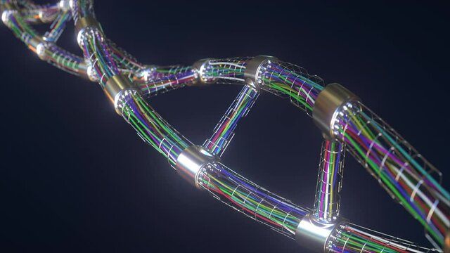 Hi-tech DNA molecule made with many wires and plugs, microelectronics and biorobotics related looping 3D animation
