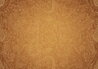 Hand-drawn unique abstract gold ornament on a yellow background, with vignette of darker backgound color and splatters of golden glitter. Paper texture. Digital artwork, A4. (pattern: p01a)