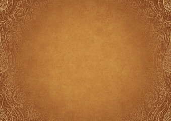 Yellow textured paper with vignette of darker color and golden hand-drawn pattern with splatters of golden glitter. Copy space. Digital artwork, A4. (pattern: p01a)