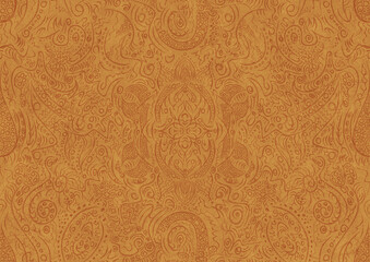 Hand-drawn unique abstract symmetrical seamless ornament. Light red on a yellow background. Paper texture. Digital artwork, A4. (pattern: p01a)