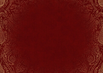 Deep red textured paper with vignette of golden hand-drawn pattern. Copy space. Digital artwork, A4. (pattern: p01a)