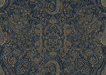Hand-drawn unique abstract symmetrical seamless gold ornament on a deep blue background. Paper texture. Digital artwork, A4. (pattern: p01a)