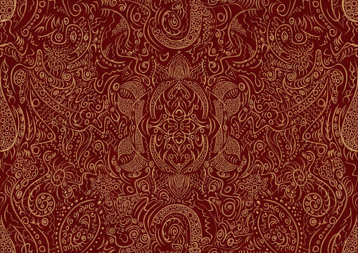 Hand-drawn unique abstract symmetrical seamless gold ornament on a deep red background. Paper texture. Digital artwork, A4. (pattern: p01a)