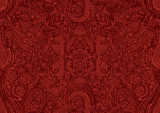 Hand-drawn unique abstract symmetrical seamless ornament. Bright red on a deep red background. Paper texture. Digital artwork, A4. (pattern: p01a)