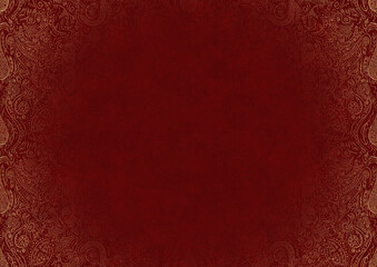 Deep red textured paper with vignette of golden hand-drawn pattern. Copy space. Digital artwork, A4. (pattern: p01b)
