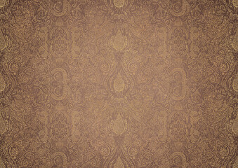 Hand-drawn unique abstract gold ornament on a light brown background, with vignette of darker backgound color and splatters of golden glitter. Paper texture. Digital artwork, A4. (pattern: p01b)