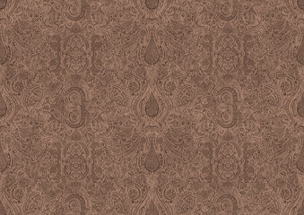 Hand-drawn unique abstract symmetrical seamless ornament. Brown on a light brown background. Paper texture. Digital artwork, A4. (pattern: p01b)