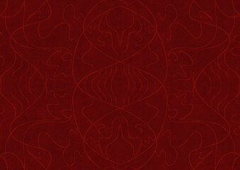Hand-drawn unique abstract symmetrical seamless ornament. Light semi transparent red on a deep red background. Paper texture. Digital artwork, A4. (pattern: p02-1a)
