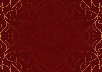 Hand-drawn unique abstract ornament. Light red on a deep red background, with vignette of same pattern in golden glitter. Paper texture. Digital artwork, A4. (pattern: p02-1a)