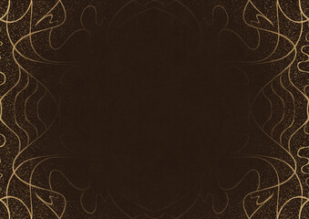 Dark brown textured paper with vignette of golden hand-drawn pattern and splatters of golden glitter . Copy space. Digital artwork, A4. (pattern: p02-1a)