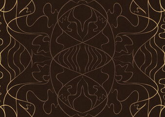 Hand-drawn unique abstract ornament. Light semi transparent brown on a dark brown background, with vignette of same pattern in golden glitter. Paper texture. Digital artwork, A4. (pattern: p02-1a)