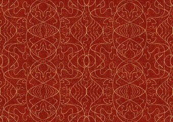 Hand-drawn unique abstract symmetrical seamless gold ornament with splatters of golden glitter on a bright red background. Paper texture. Digital artwork, A4. (pattern: p02-1b)