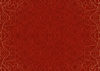 Hand-drawn unique abstract ornament. Light red on a bright red background, with vignette of same pattern in golden glitter. Paper texture. Digital artwork, A4. (pattern: p02-1b)
