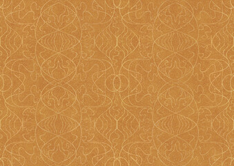 Hand-drawn unique abstract symmetrical seamless gold ornament with splatters of golden glitter on a yellow background. Paper texture. Digital artwork, A4. (pattern: p02-1b)