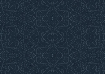 Hand-drawn unique abstract symmetrical seamless ornament. Light blue on a deep blue background. Paper texture. Digital artwork, A4. (pattern: p02-1b)