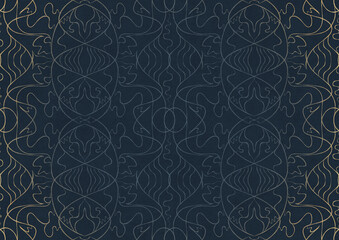 Hand-drawn unique abstract ornament. Light blue on a deep blue background, with vignette of same pattern in golden glitter. Paper texture. Digital artwork, A4. (pattern: p02-1b)