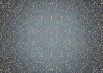 Hand-drawn unique abstract gold ornament on a light blue background, with vignette of darker backgound color and golden glittery sparks. Paper texture. Digital artwork, A4. (pattern: p02-1b)