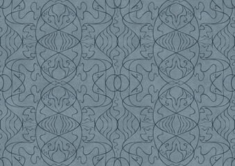 Hand-drawn unique abstract symmetrical seamless ornament. Dark blue on a light blue background. Paper texture. Digital artwork, A4. (pattern: p02-1b)