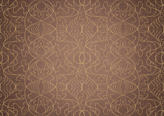 Hand-drawn unique abstract gold ornament on a light brown background, with vignette of darker backgound color and splatters of golden glitter. Paper texture. Digital artwork, A4. (pattern: p02-1b)