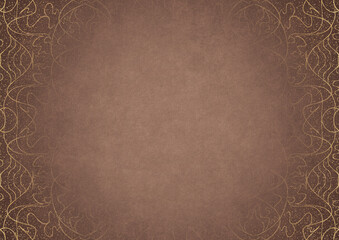 Light brown textured paper with vignette of darker color and golden hand-drawn pattern with splatters of golden glitter. Copy space. Digital artwork, A4. (pattern: p02-1b)