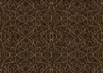 Hand-drawn unique abstract symmetrical seamless gold ornament  with splatters of golden glitter on a dark brown background. Paper texture. Digital artwork, A4. (pattern: p02-1b)