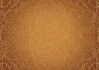 Hand-drawn unique abstract ornament. Light yellow on a darker yellow background, with vignette of same pattern in golden glitter on a darker backgound color. Paper texture. A4. (pattern: p02-2a)