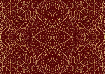 Hand-drawn unique abstract symmetrical seamless gold ornament on a deep red background. Paper texture. Digital artwork, A4. (pattern: p02-2a)