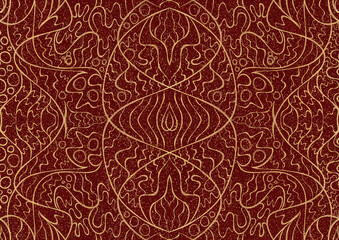 Hand-drawn unique abstract symmetrical seamless gold ornament with splatters of golden glitter on a deep red background. Paper texture. Digital artwork, A4. (pattern: p02-2a)
