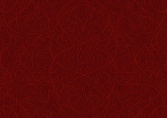 Hand-drawn unique abstract symmetrical seamless ornament. Light semi transparent red on a deep red background. Paper texture. Digital artwork, A4. (pattern: p02-2a)