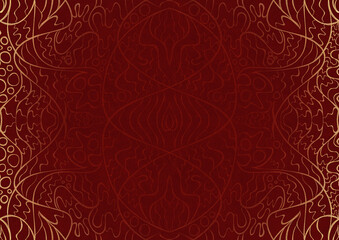 Hand-drawn unique abstract ornament. Light red on a deep red background, with vignette of same pattern in golden glitter. Paper texture. Digital artwork, A4. (pattern: p02-2a)