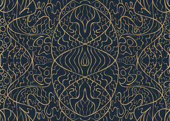 Hand-drawn unique abstract symmetrical seamless gold ornament on a deep blue background. Paper texture. Digital artwork, A4. (pattern: p02-2a)