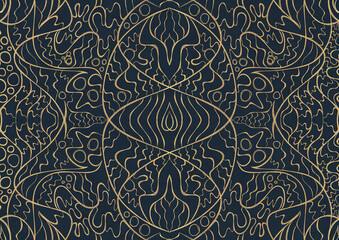 Hand-drawn unique abstract symmetrical seamless gold ornament on a deep blue background. Paper texture. Digital artwork, A4. (pattern: p02-2a)