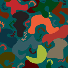 colored blots with scattered twigs, seamless pattern