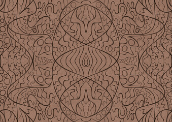 Hand-drawn unique abstract symmetrical seamless ornament. Brown on a light brown background. Paper texture. Digital artwork, A4. (pattern: p02-2a)