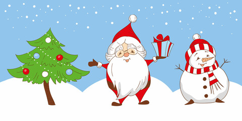 Cartoon Santa Claus with a gift, snowman in a hat and scarf,  Christmas tree with balls, hand-drawn.