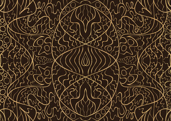 Hand-drawn unique abstract symmetrical seamless gold ornament on a dark brown background. Paper texture. Digital artwork, A4. (pattern: p02-2a)