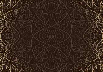Hand-drawn unique abstract ornament. Light semi transparent brown on a dark brown background, with vignette of same pattern in golden glitter. Paper texture. Digital artwork, A4. (pattern: p02-2a)