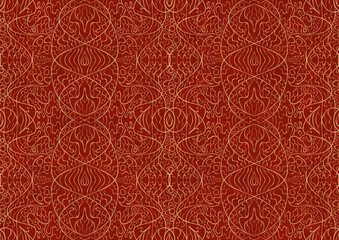 Hand-drawn unique abstract symmetrical seamless gold ornament on a bright red background. Paper texture. Digital artwork, A4. (pattern: p02-2b)
