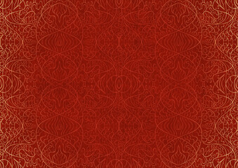 Hand-drawn unique abstract ornament. Light red on a bright red background, with vignette of same pattern in golden glitter. Paper texture. Digital artwork, A4. (pattern: p02-2b)