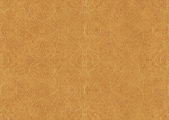 Hand-drawn unique abstract symmetrical seamless gold ornament on a yellow background. Paper texture. Digital artwork, A4. (pattern: p02-2b)