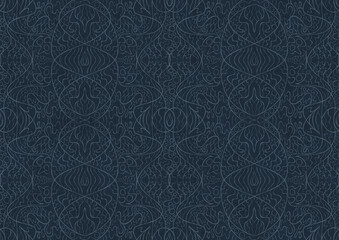 Hand-drawn unique abstract symmetrical seamless ornament. Light blue on a deep blue background. Paper texture. Digital artwork, A4. (pattern: p02-2b)