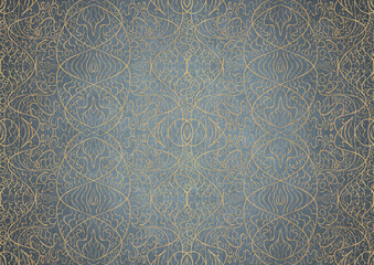 Hand-drawn unique abstract gold ornament on a light blue background, with vignette of darker backgound color and golden glittery sparks. Paper texture. Digital artwork, A4. (pattern: p02-2b)