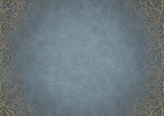 Light blue textured paper with vignette of golden hand-drawn pattern and golden glittery splatter on a darker background color. Copy space. Digital artwork, A4. (pattern: p02-2b)