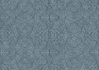 Hand-drawn unique abstract symmetrical seamless ornament. Dark blue on a light blue background. Paper texture. Digital artwork, A4. (pattern: p02-2b)