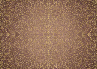 Hand-drawn unique abstract gold ornament on a light brown background, with vignette of darker backgound color and splatters of golden glitter. Paper texture. Digital artwork, A4. (pattern: p02-2b)